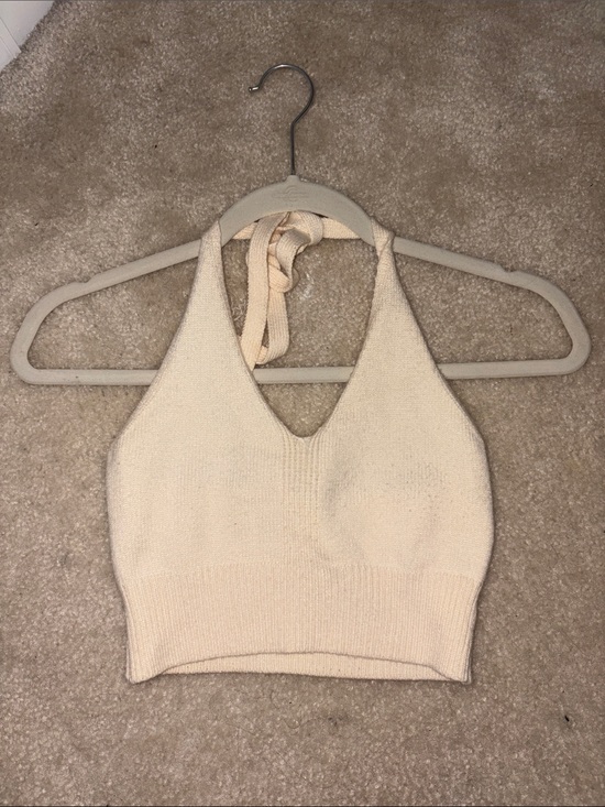 Tops - Cream Halter Backless Knit Crop Top - Women